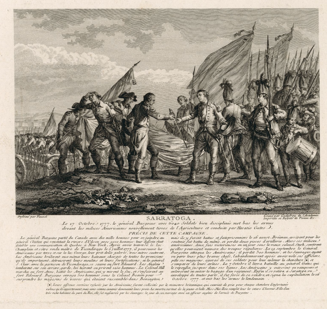 The Miriam and Ira D. Wallach Division of Art, Prints and Photographs: Print Collection, The New York Public Library. “Sarratoga [i.e. Saratoga] : le 17 octobre le général Burgoine [i.e.Burgoyne] avec 6040 soldats bien disciplinés met bas les armes devant les milices Americaines nouvellement tirées de l’agricluture et conduite[s] par Horatio Gates.” New York Public Library Digital Collections.